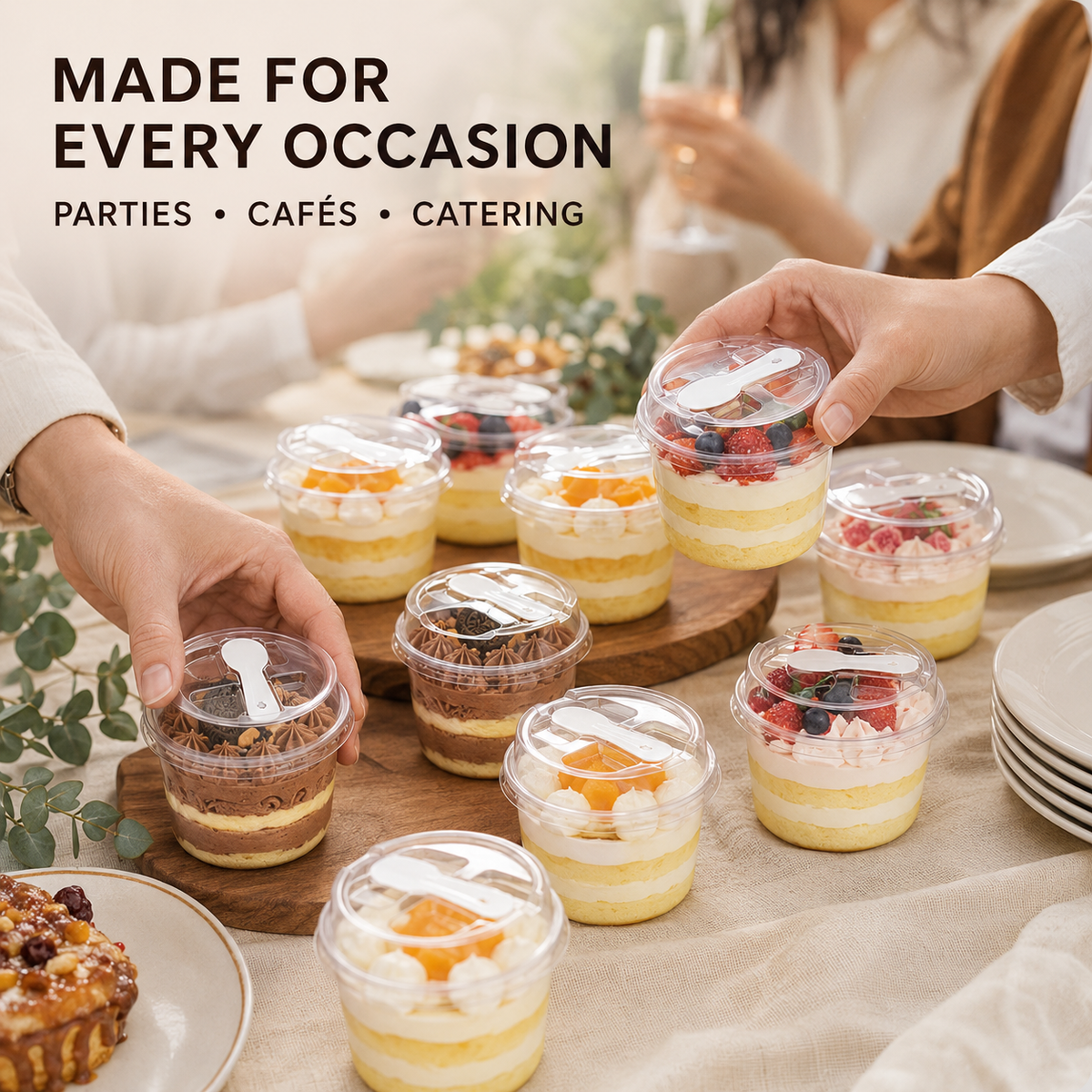 20/50 Sets Round Transparent Plastic Lidded Packaging Boxes with Spoons, Ideal for Cookies, Fruit Ice Cream