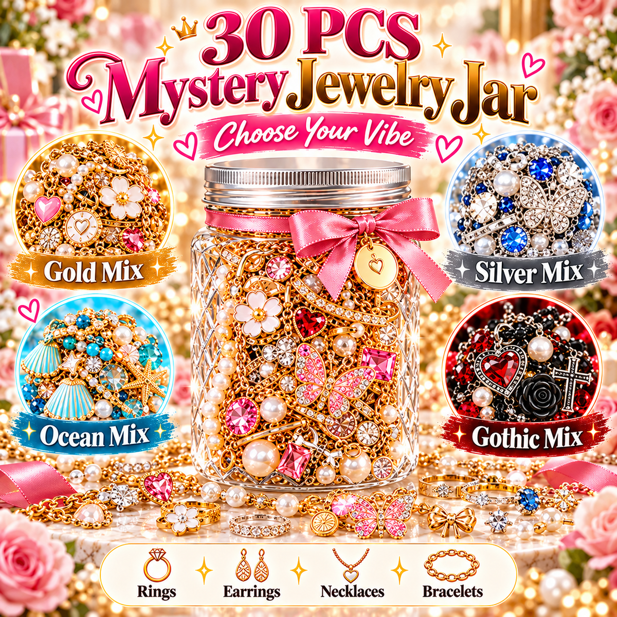 30-Piece Mystery Jewelry Jar Surprise Rings, Earrings, Necklaces & Bracelets | 4 Style Themes