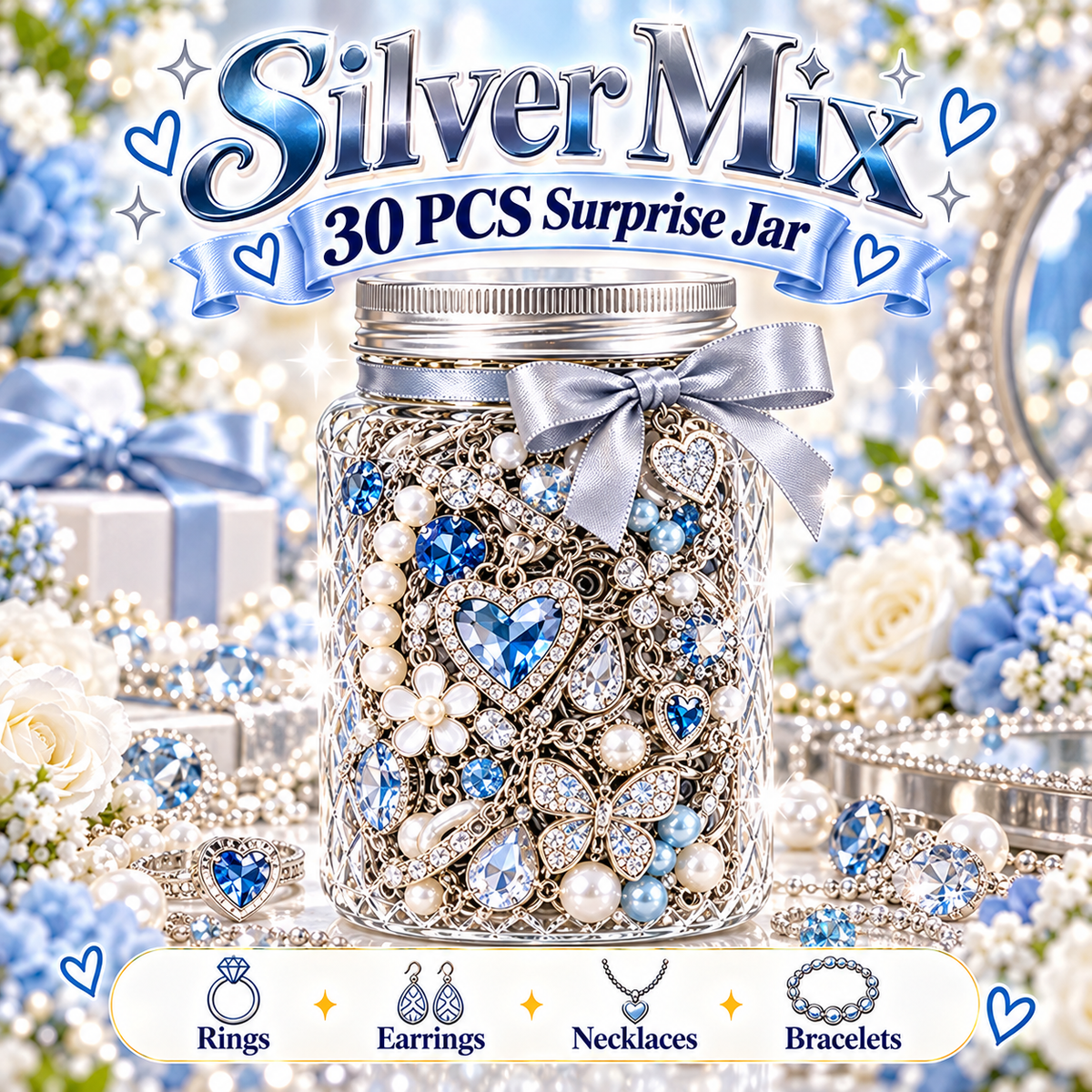 30-Piece Mystery Jewelry Jar Surprise Rings, Earrings, Necklaces & Bracelets | 4 Style Themes