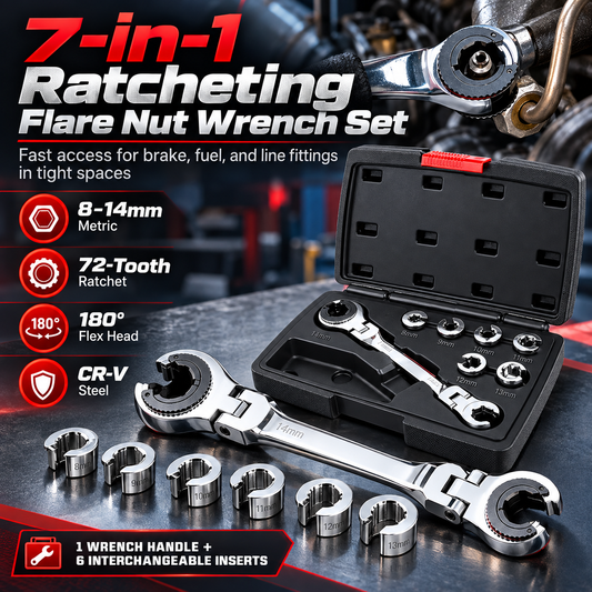 7-in-1 Ratcheting Flare Nut Wrench Set for Tight Space