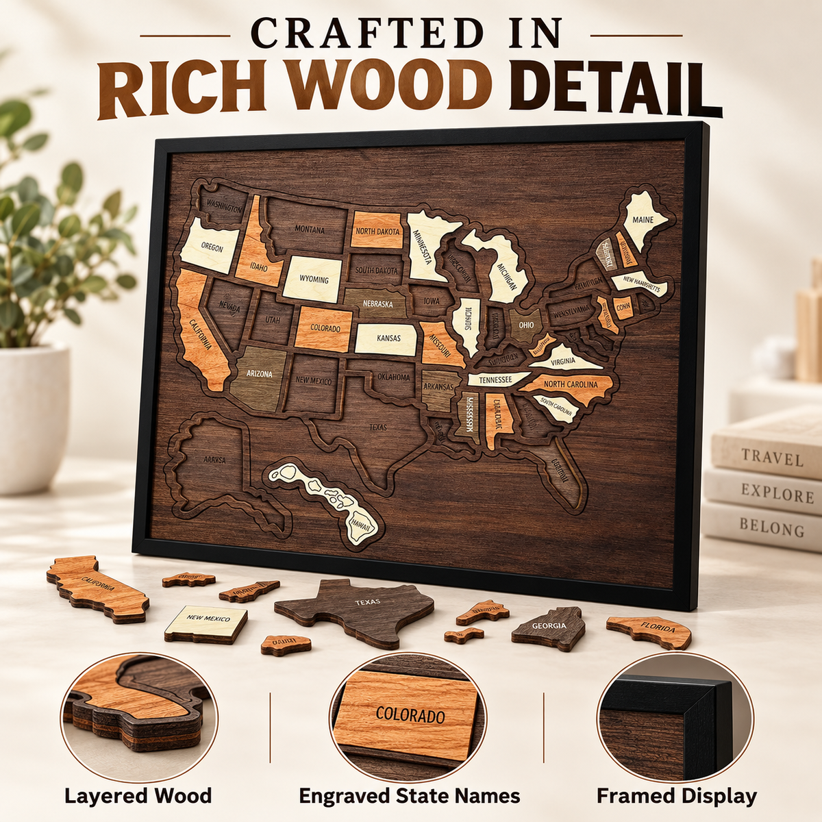 Wooden USA Travel Map Personalized Adventure Memory Wall Decor Gift