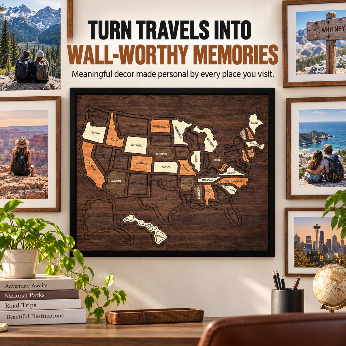 Wooden USA Travel Map Personalized Adventure Memory Wall Decor Gift