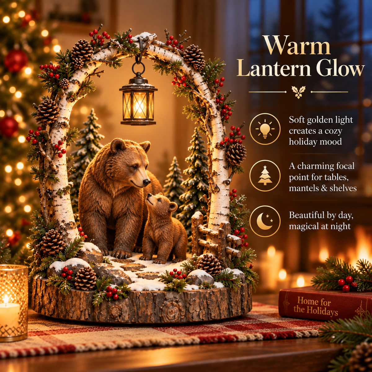 Woodland Bear Family Lantern Lighted Christmas Forest Tabletop Decor