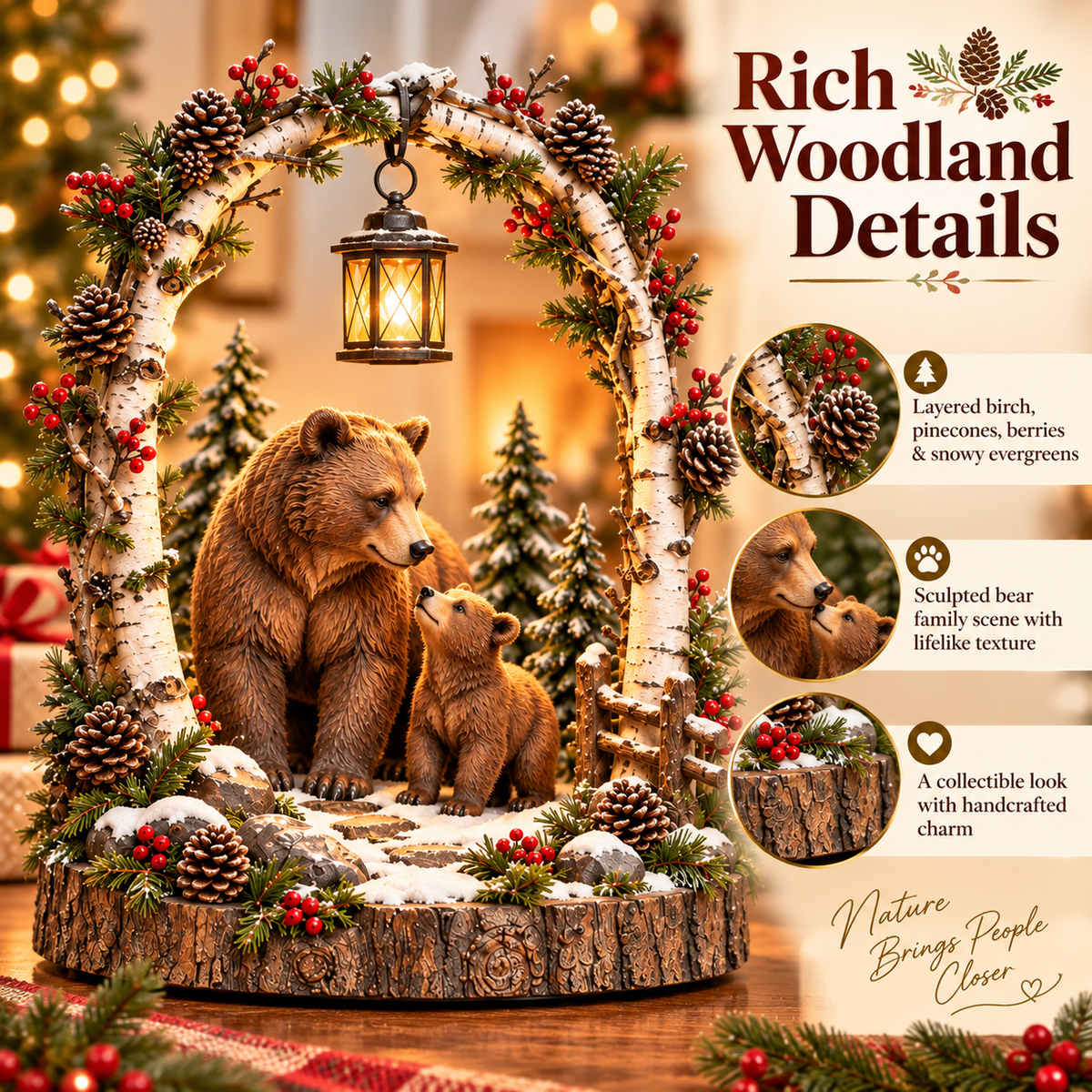 Woodland Bear Family Lantern Lighted Christmas Forest Tabletop Decor