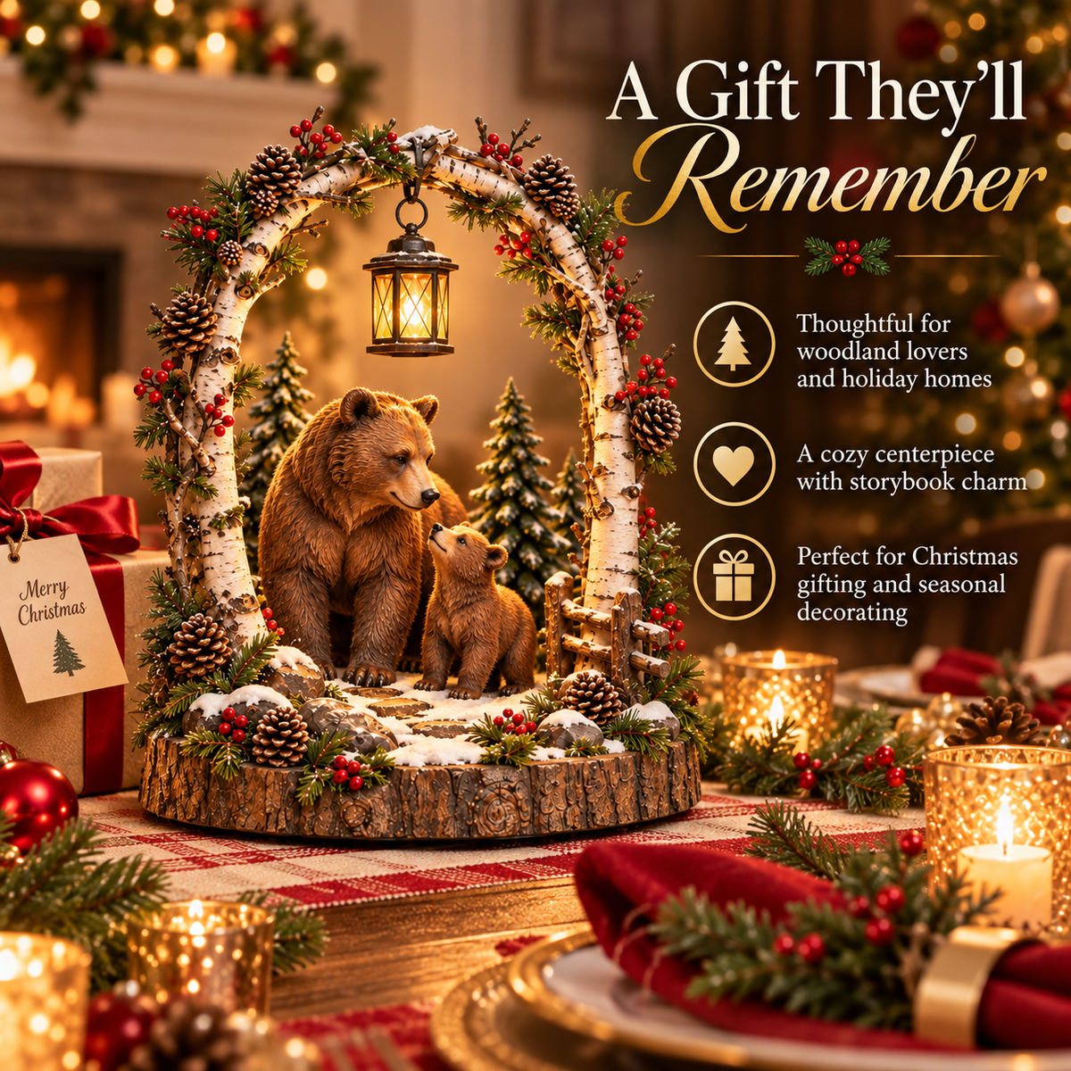Woodland Bear Family Lantern Lighted Christmas Forest Tabletop Decor