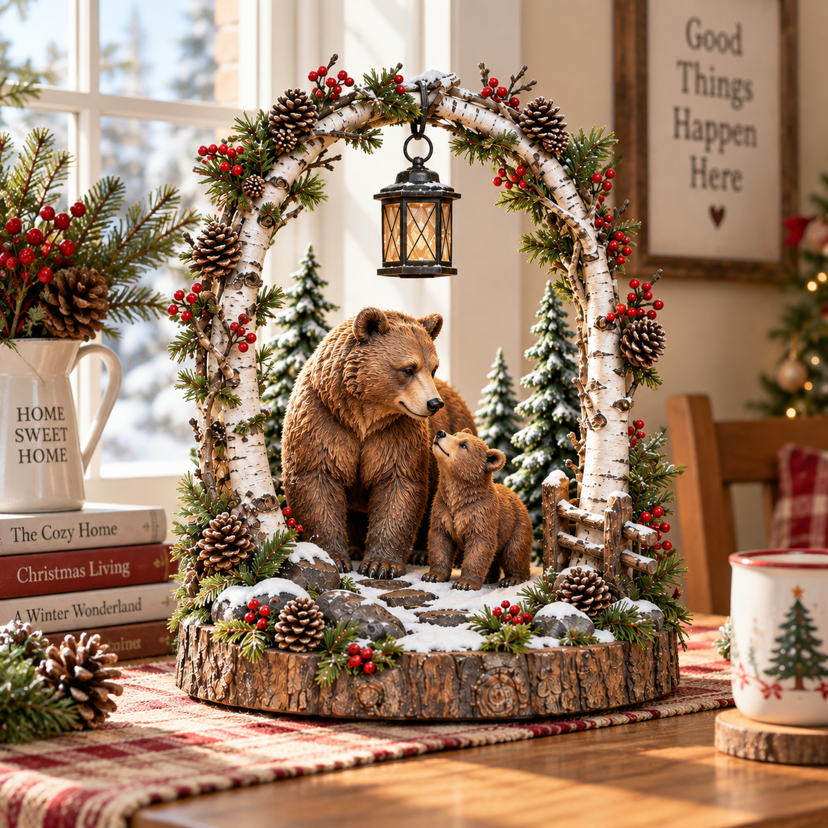Woodland Bear Family Lantern Lighted Christmas Forest Tabletop Decor