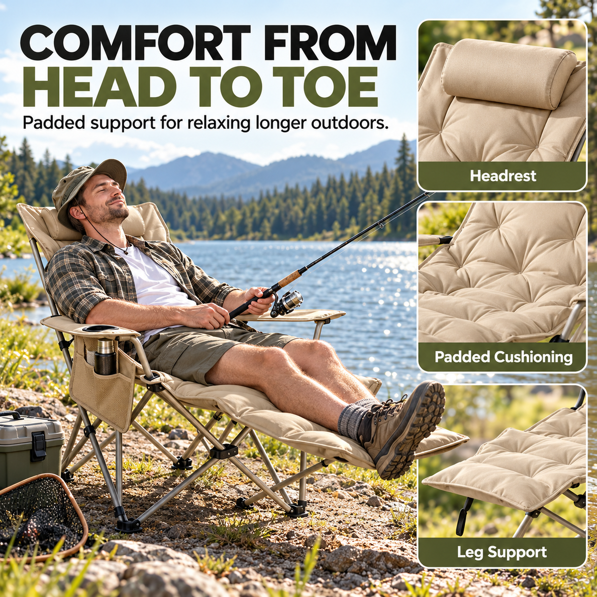 4-Position Reclining Camping Chair with Removable Footrest Stretch Out in Comfort