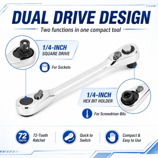 1/4 Inch Mini Double Headed Ratchet Wrench Silver 72-Tooth 5 Quick Release Drive Socket Tool