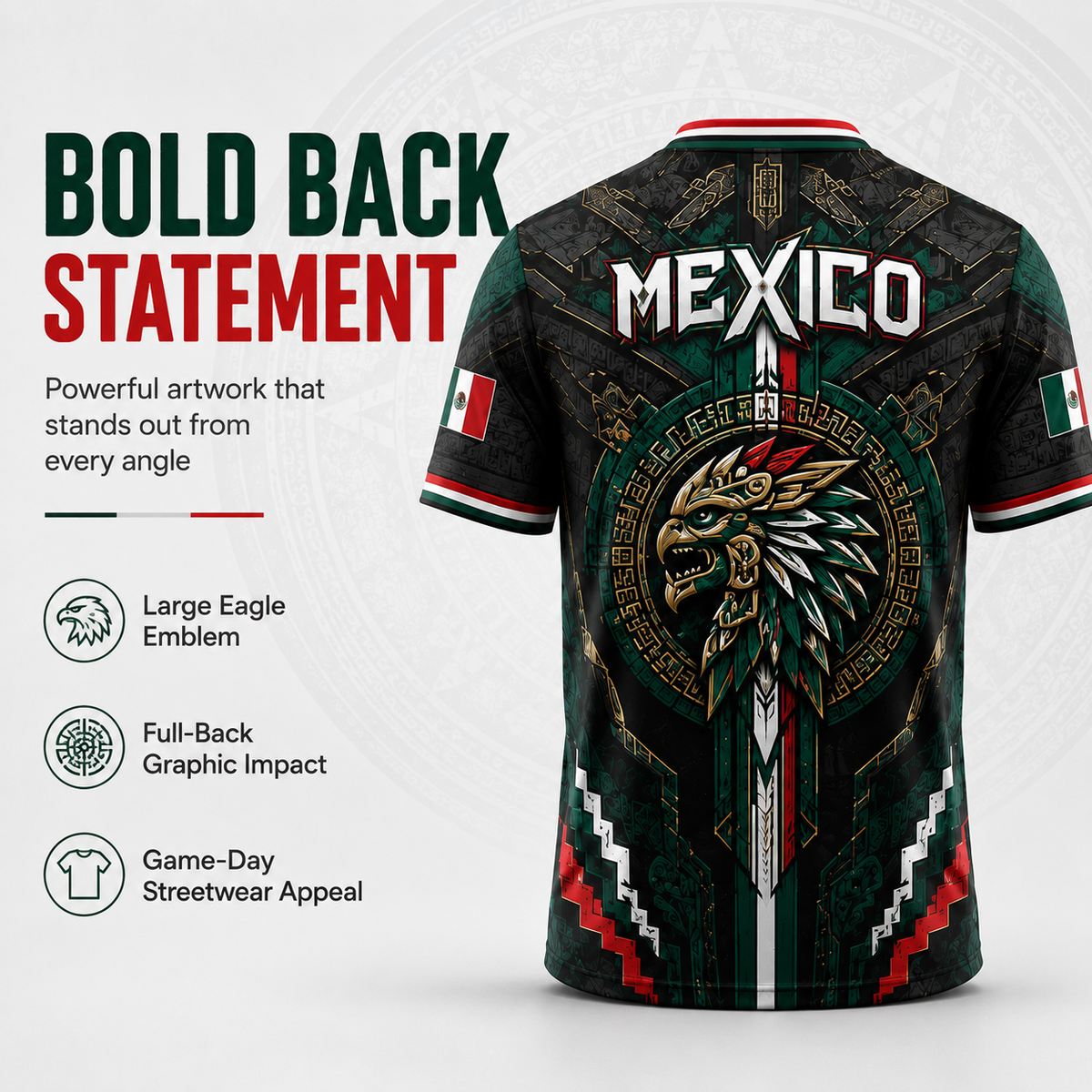 2026 Mexico Eagle Warrior V-Neck Sports Jersey, Aztec Calendar Graphic Short Sleeve Shirt for Men