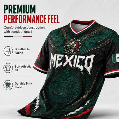2026 Mexico Eagle Warrior V-Neck Sports Jersey, Aztec Calendar Graphic Short Sleeve Shirt for Men