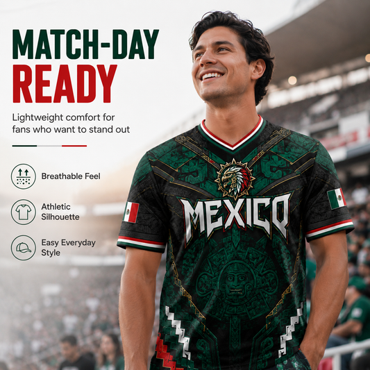 2026 Mexico Eagle Warrior V-Neck Sports Jersey, Aztec Calendar Graphic Short Sleeve Shirt for Men
