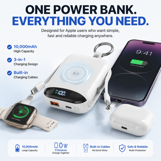 3-in-1 Magnetic Power Bank 10000mAh Portable Charger for iPhone, Apple Watch & AirPods