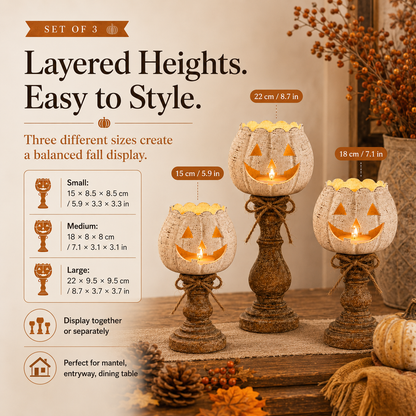 Rustic White Pumpkin Tealight Candle Holder Set