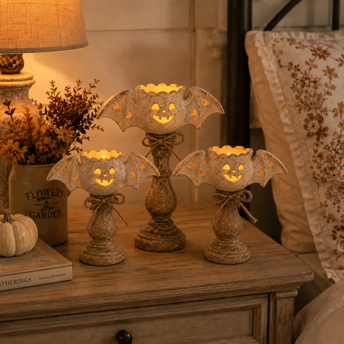 Rustic White Pumpkin Tealight Candle Holder Set
