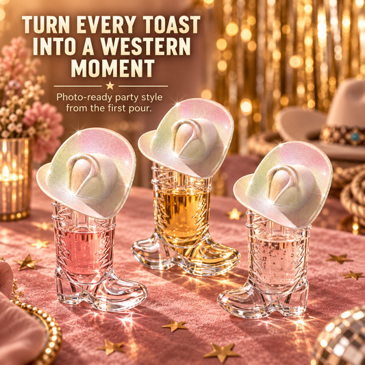 10-Pack Cowboy Boot Shot Cups with Iridescent Hats Western Party Set