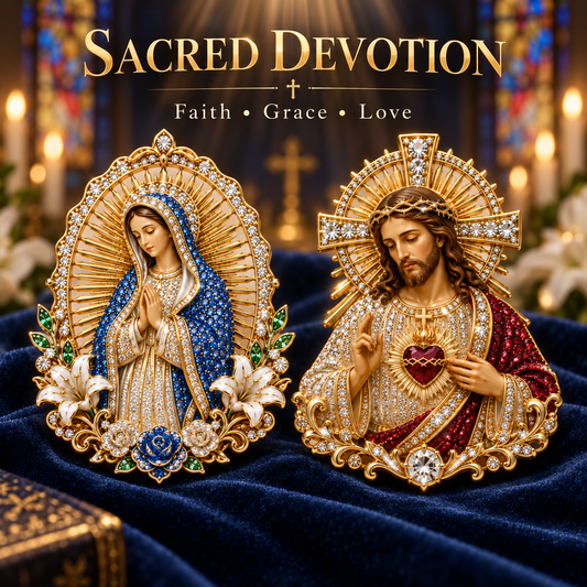 3D Jesus & Mary Sacred Devotion Pin | Gold-Tone Crystal Christian Brooch
