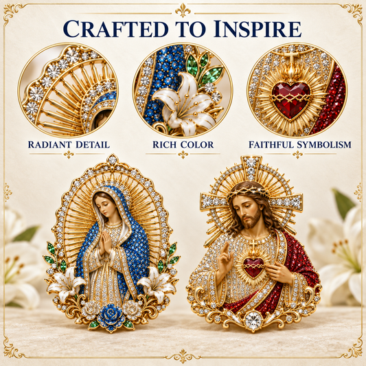 3D Jesus & Mary Sacred Devotion Pin | Gold-Tone Crystal Christian Brooch