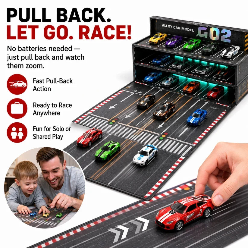 24/48-Car Fold-Out Racing Garage Set Pull-Back Cars, Light-Up Parking & Portable Track!