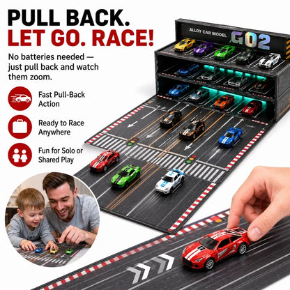 24/48-Car Fold-Out Racing Garage Set Pull-Back Cars, Light-Up Parking & Portable Track!