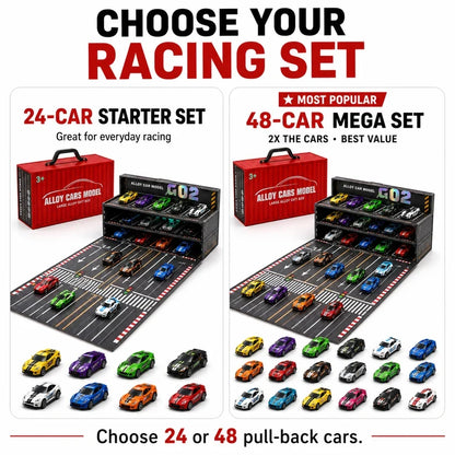 24/48-Car Fold-Out Racing Garage Set Pull-Back Cars, Light-Up Parking & Portable Track!