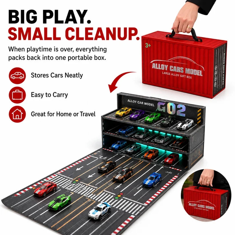 24/48-Car Fold-Out Racing Garage Set Pull-Back Cars, Light-Up Parking & Portable Track!