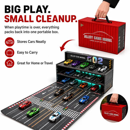 24/48-Car Fold-Out Racing Garage Set Pull-Back Cars, Light-Up Parking & Portable Track!