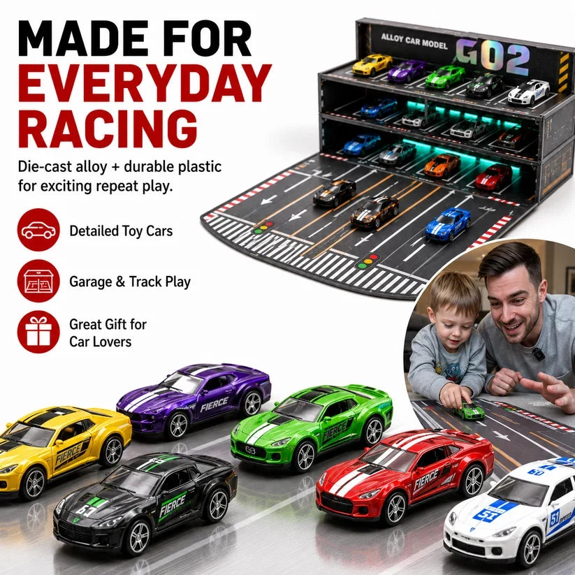 24/48-Car Fold-Out Racing Garage Set Pull-Back Cars, Light-Up Parking & Portable Track!