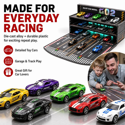 24/48-Car Fold-Out Racing Garage Set Pull-Back Cars, Light-Up Parking & Portable Track!