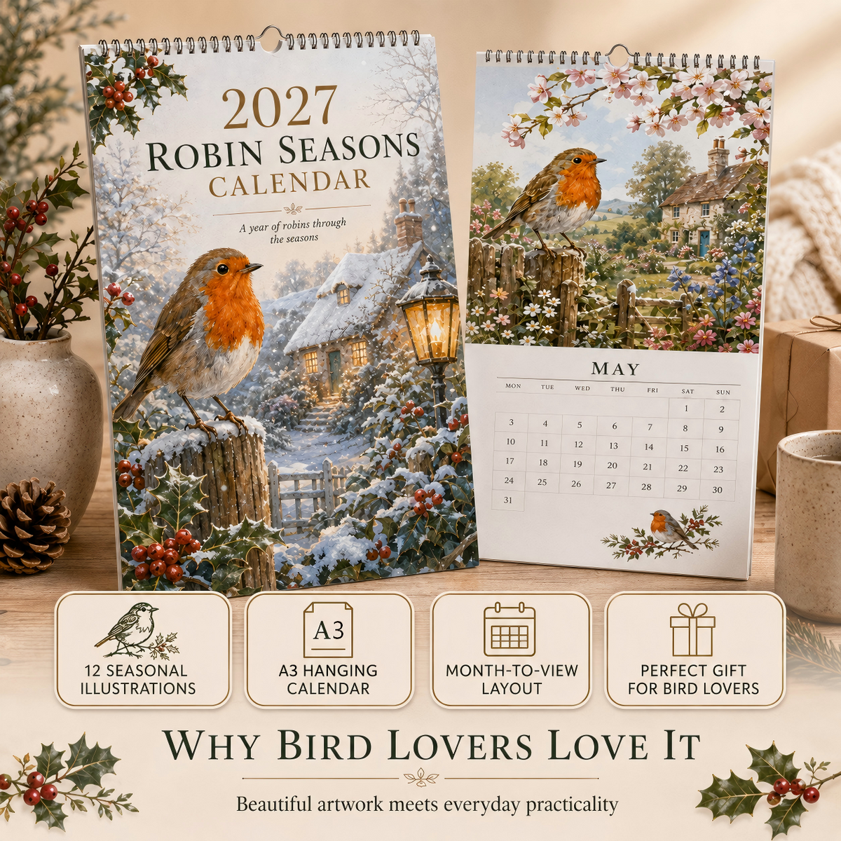 2027 Robin Seasons Calendar British Countryside Garden Bird Wall Calendar & Gift for Bird Lovers