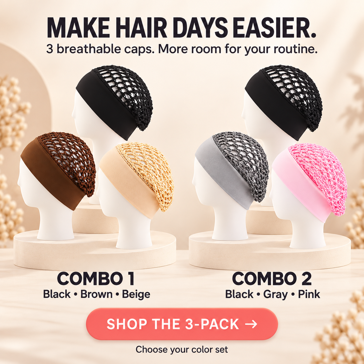 3-Pack Breathable Hair Protection Caps for Curls