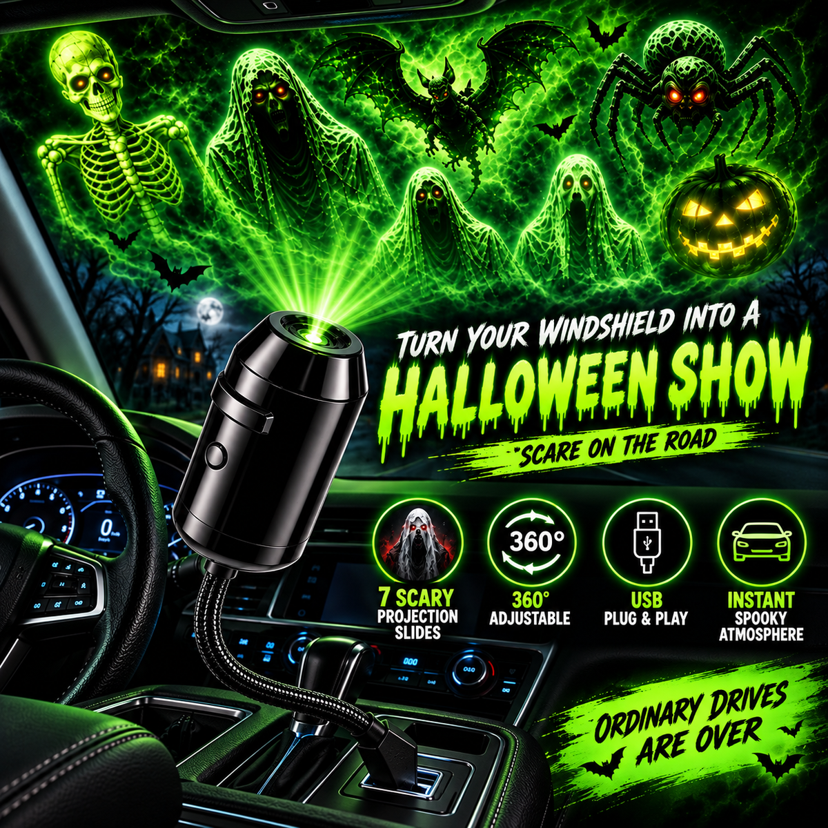 Halloween USB Ghost Projector 7 Spooky Slides & 360 Adjustable Light