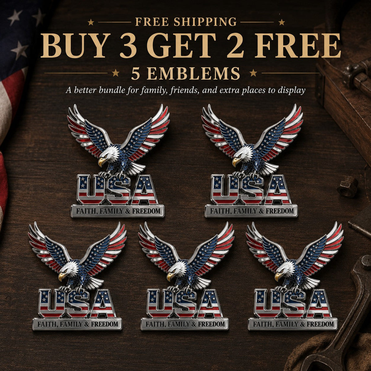 250th Anniversary - USA Faith, Family & Freedom Metal Emblem