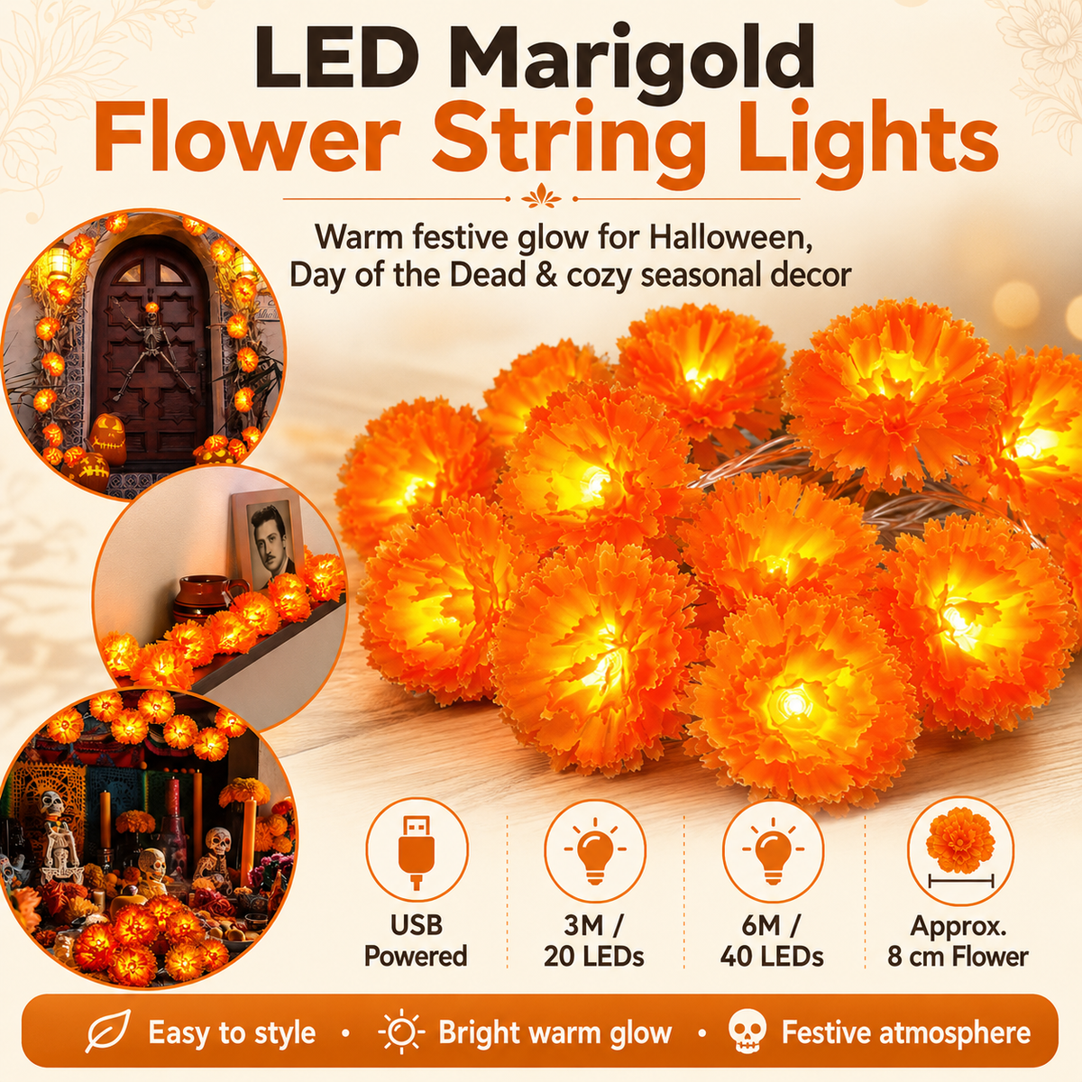 USB Charging Lighted Marigold Garland
