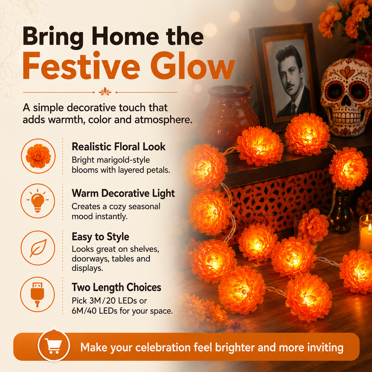 USB Charging Lighted Marigold Garland