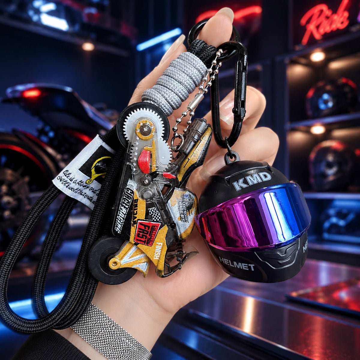 Mini Motorcycle Helmet LED Keychain Light-Up Rider Charm for Keys, Bags & Gifts