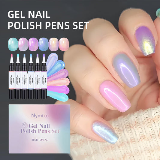 5-in-1 Gel Nail Polish Pen, Aurora Effect Gel Nail Pen with Base Color Top Coat in One