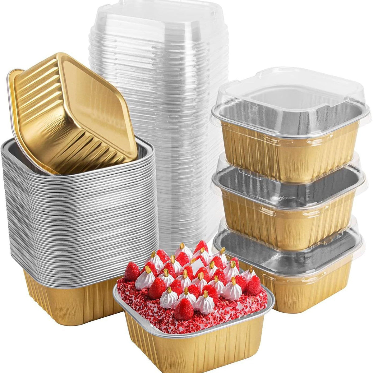 30-Pack Pink Mini Foil Cake Pans with Lids 5oz Disposable Dessert Cups