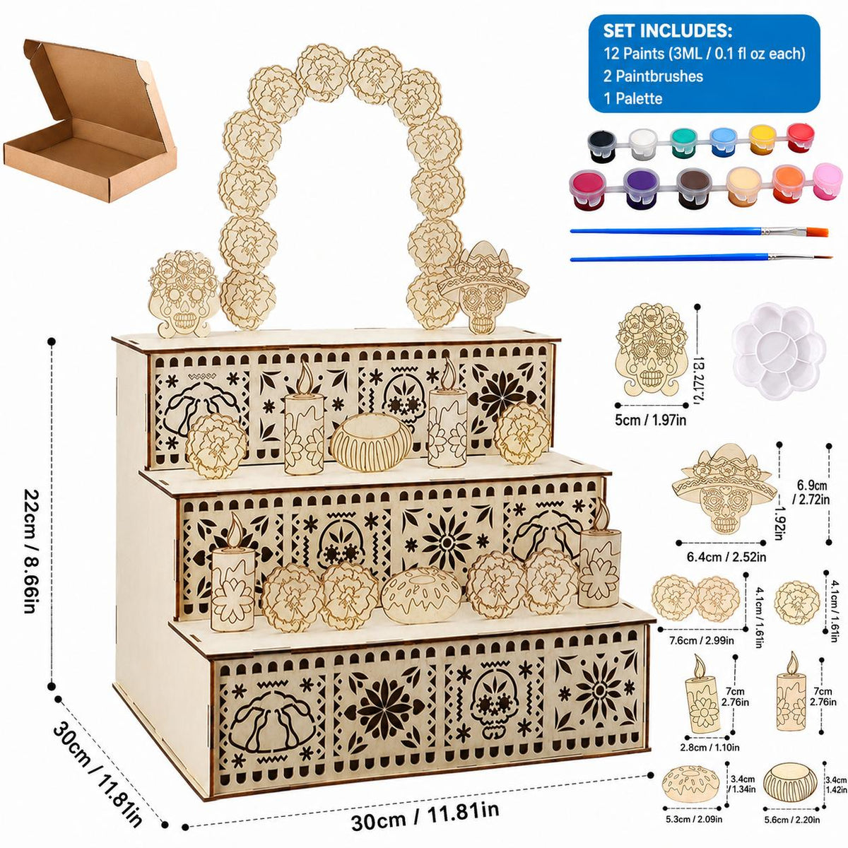 3 Tier Wooden Day of the Dead Ofrenda Altar Set, Complete Decor Kit with Skull, Marigolds, Candles & Papel Picado