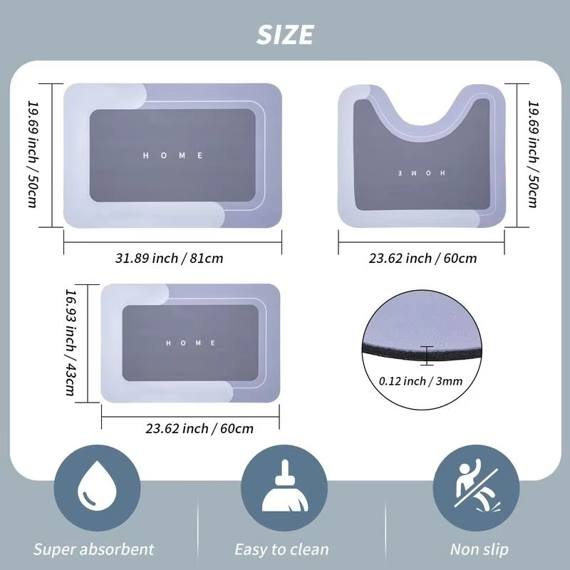 3-Piece Anti-Slip Bathroom Mat Set Quick-Dry U-Shaped Toilet & Floor Mats
