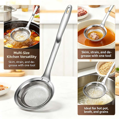 2-Piece Stainless Steel Fine Mesh Skimmer Spoons, Multi-Size Pot Fat Skimmers