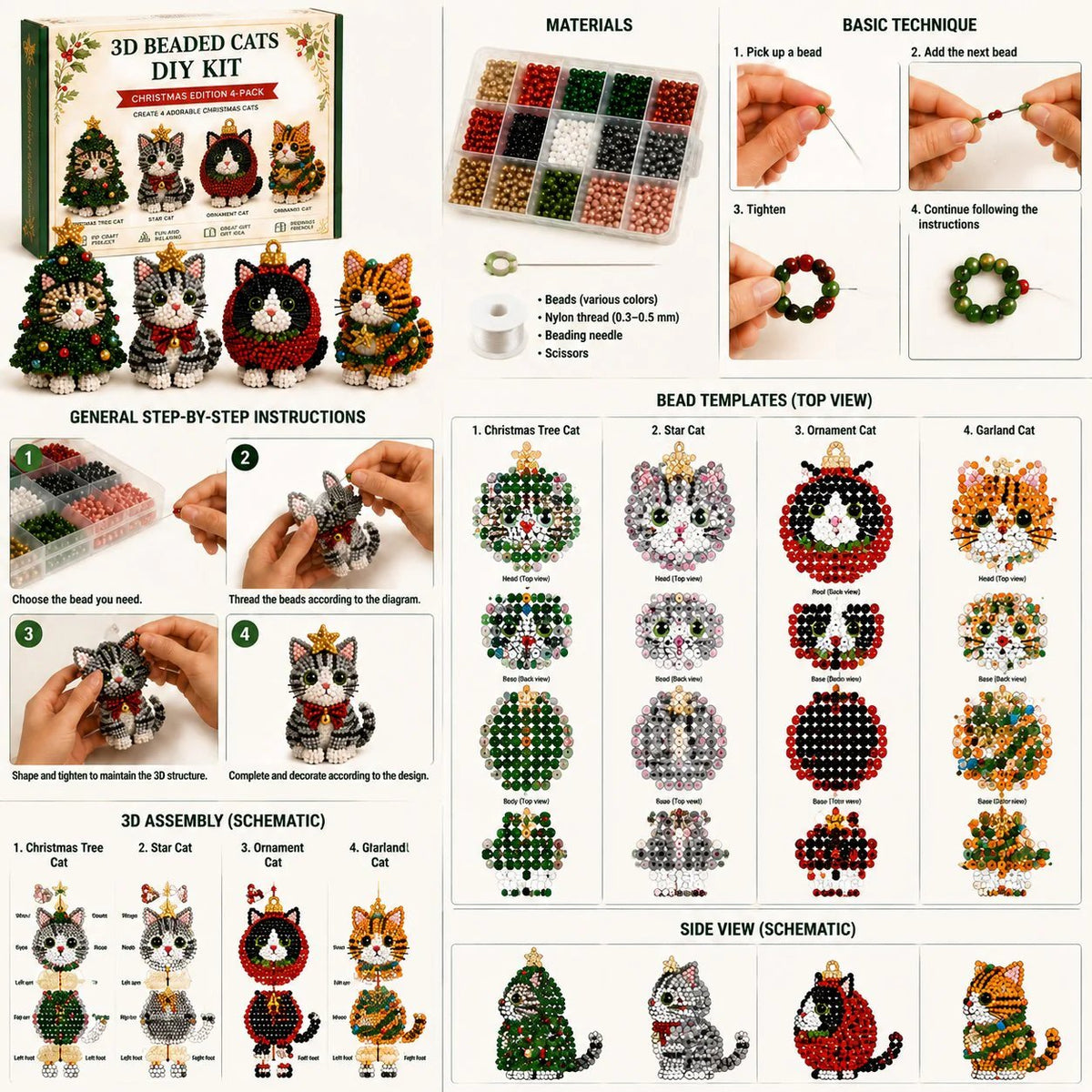Create Your Own 3D Beaded Christmas Cats | Beginner-Friendly DIY Kit
