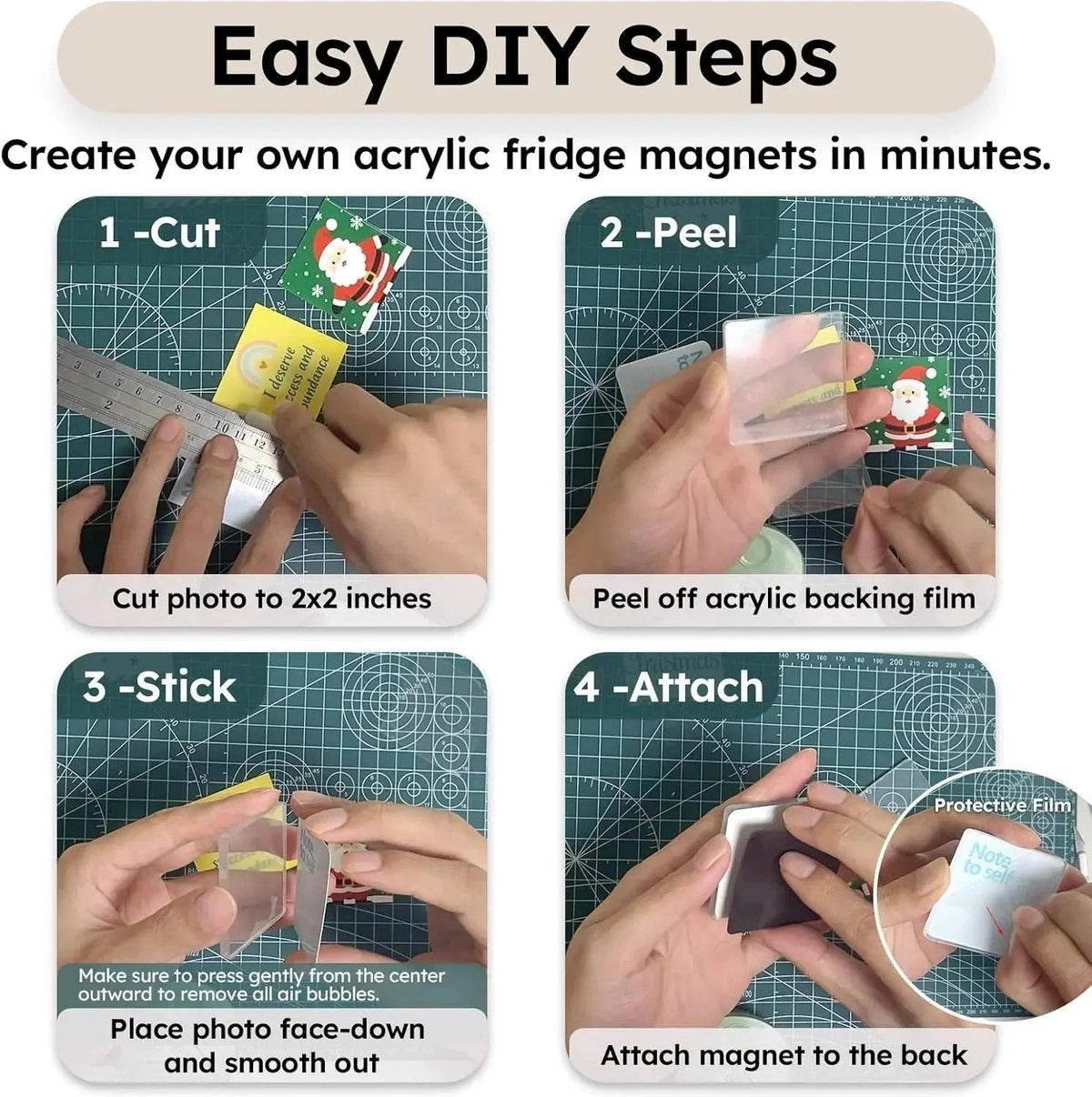 10 Pack 2'x2' Clear Acrylic DIY Fridge Magnets Set with Adhesive Backing Square Magnetic Photo Frames