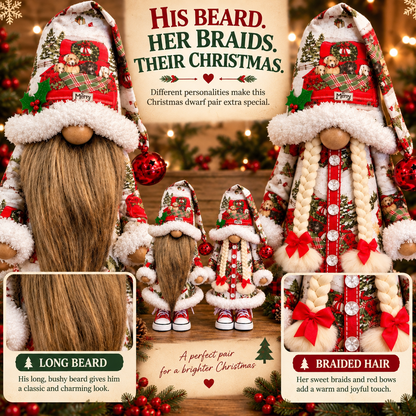 Festive Gnome Couple Figurines Bearded & Braided Hair