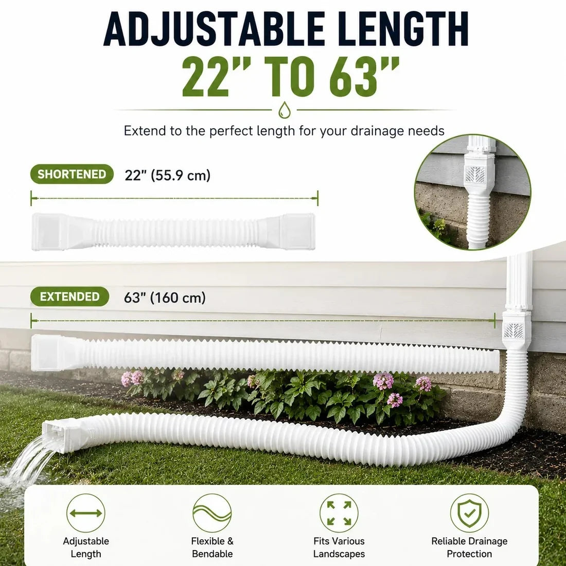 Flexible Downspout Extension Kit 22 63in Rainwater Drainage Pipe