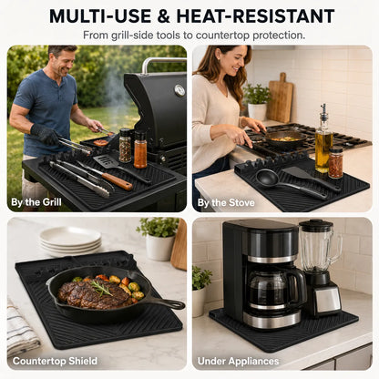 16.5" 11" Silicone Grill Side Shelf Mat Heat-Resistant, Non-Slip & Dishwasher Safe BBQ Organizer