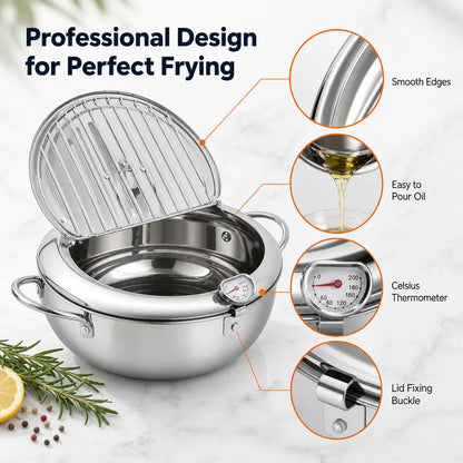 304 Grade Stainless Steel Deep Fryer Pot - Japanese Style, with Thermometer, Oil Drip Drainer Rack, Temp Control