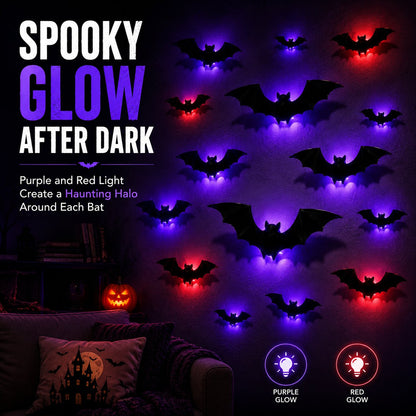 3D LED Glowing Bat Wall Decorations Halloween Flying Bat Swarm Set