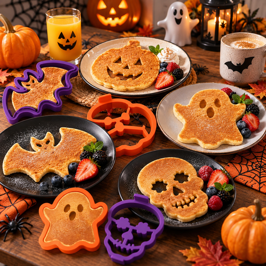 4-Piece Halloween Pancake Mold Set Ghost, Bat, Pumpkin & Skull Silicone Breakfast Shapers