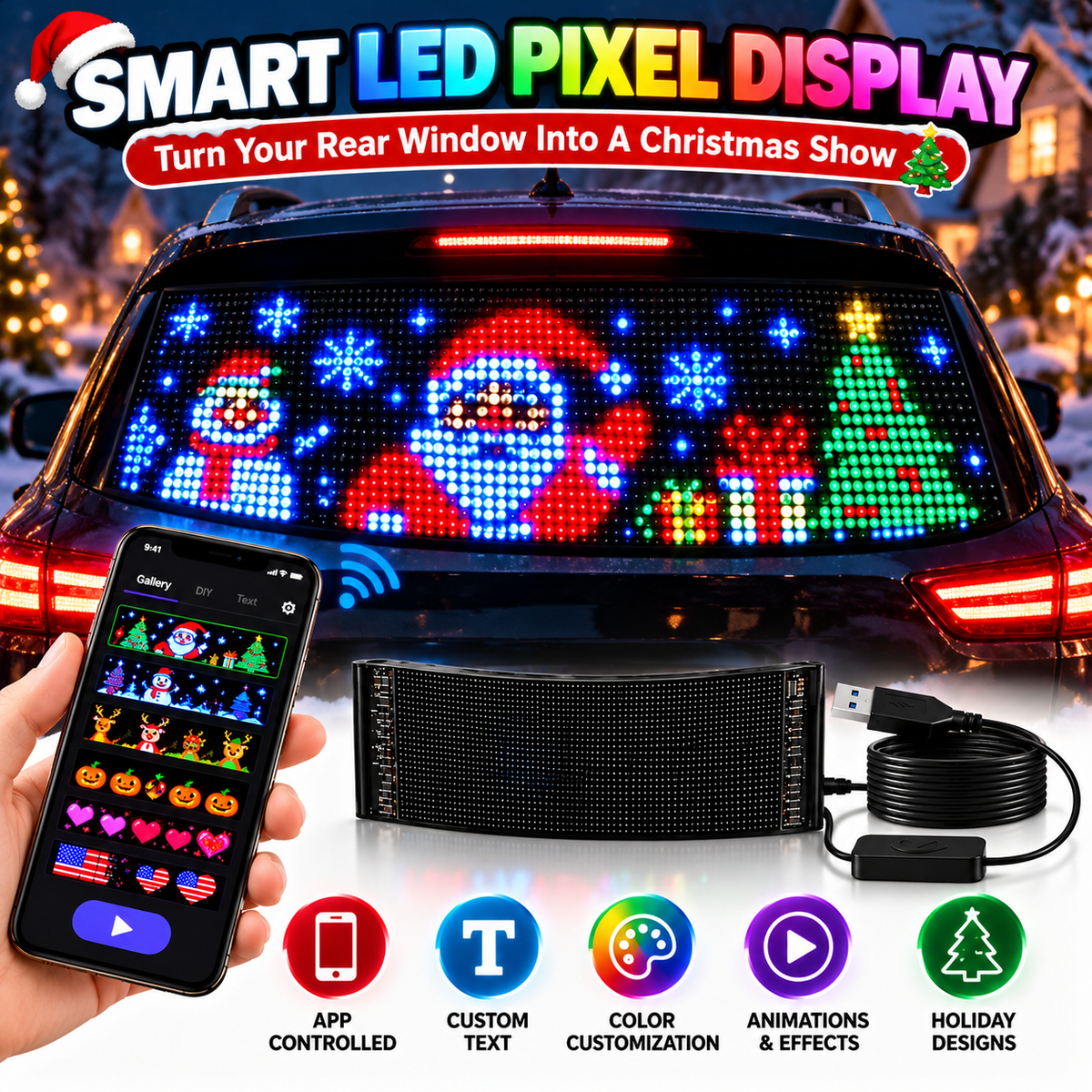 Smart LED Pixel Car Display App-Controlled Custom Text, Colors & Animations!
