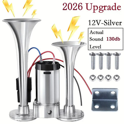 2026 Upgraded 12V 130DB Air Horn Dual Horn, Horn Kit with Air Compressor